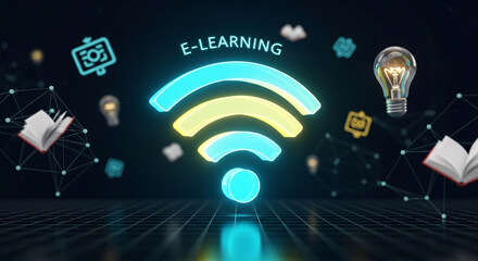 Online education platform symbol with glowing E learning text and virtual connection for remote students