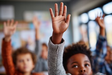 Close up of diverse children's hands raised in a bright classroom during an engaging lesson, concept of education, participation and curiosity