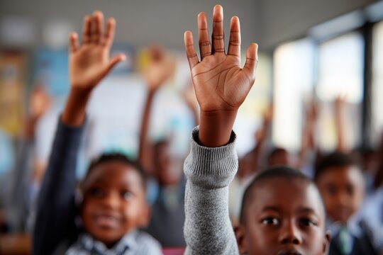 Close-up of schoolchildren actively raising hands in a bright classroom during a lesson, concept of education, participation, and engaged learning - Powered by Adobe