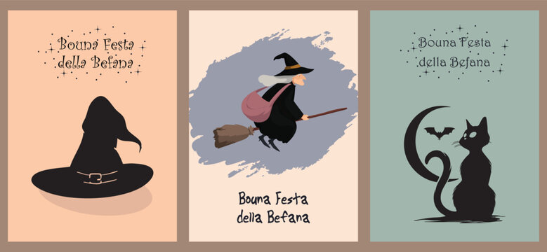 Bouna Festa della Befana Vector Illustration. Witch, Hat and Cat.