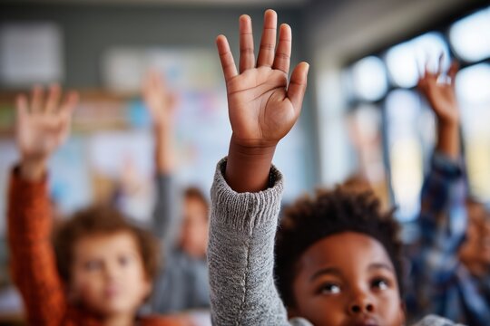 Close up of diverse children's hands raised in a bright classroom during an engaging lesson, concept of education, participation and curiosity