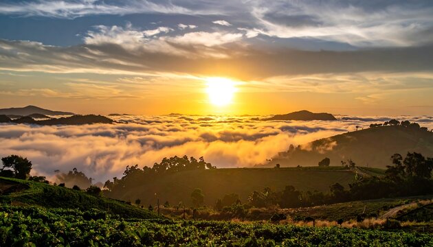 Sunrise over a valley of clouds