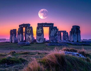 Sunrise over ancient stones, full moon