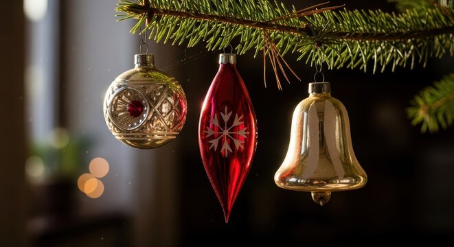 Assorted christmas tree ornaments hanging from a pine branch with warm lighting