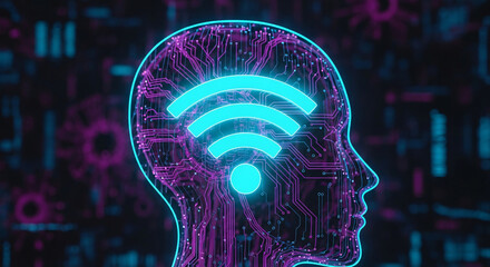 Solid blue WiFi symbol embedded within a wireframe human head profile on a futuristic circuit board