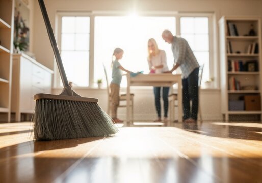 A family is cleaning their dining area together, with bright sunlight streaming in through the window. 