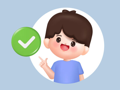 Cute 3D woman pointing a large check mark green symbol. Approval, success and completed task concept. 3d vector people character. Cartoon minimal style.