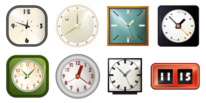 Set of vector realistic clock. Table retro timepiece collection. Isolated digital and analog watch. Round or square time face with hands. Icon of alarm dial. Indoor timer display. Decorative wall item