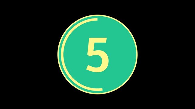 10 second countdown timer number displayed inside a circular badge with yellow number on a green background, isolated on black screen. Perfect for presentation openers, or motion graphics projects