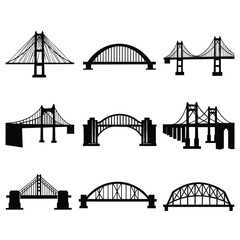 A diverse collection of nine black bridge silhouettes showcasing various architectural engineering styles.