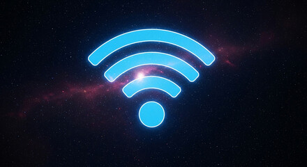 Vibrant filled WiFi connection symbol displayed prominently over a deep space galaxy environment