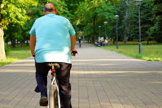 Man cycling on a park pathway surrounded by trees during a sunny day in summer - Powered by Adobe
