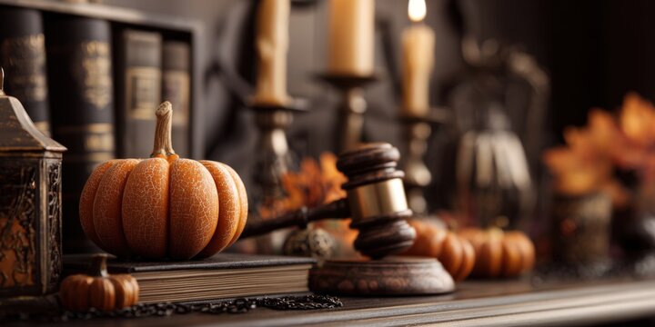 Gavel, pumpkin, and old books on autumn law theme