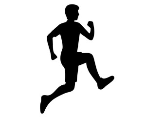 silhouette of young man running, jumping man symbol isolated on white background	