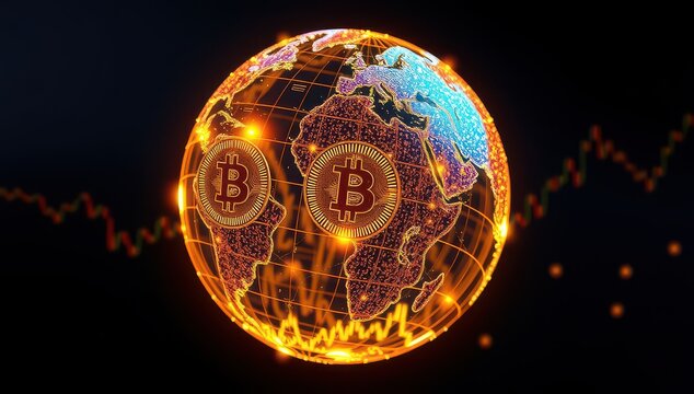 Bitcoin network globe with glowing continents and financial market data overlay