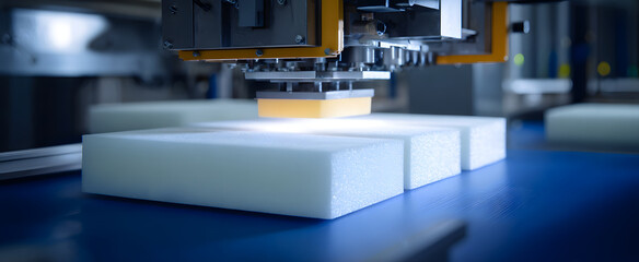 Fototapeta premium The automated foam packaging machine pours protective cushioning like a cloud spilling comfort.