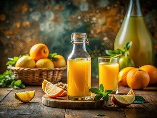 Homemade Citrus Ginger Drink in Glass Bottle & Shot Glass - Kitchen Table Stock Photo