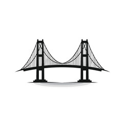 A symmetrical black silhouette icon of a classic twotower suspension bridge.