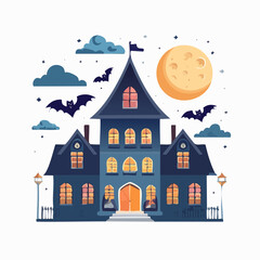 Spooky Halloween Mansion under Moonlight with Bats Illustration