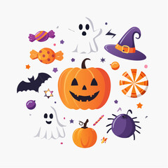 Halloween Festive Illustration Pumpkins, Candy, and Spooky Elements