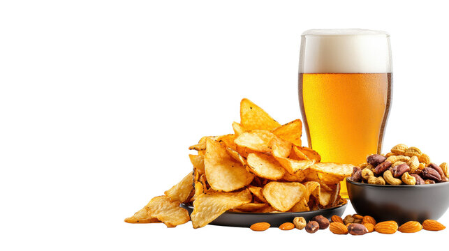 Beer with Chips and Nuts on Transparent Background