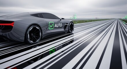 Obraz premium Futuristic autonomous car driving on a conceptual barcode road.