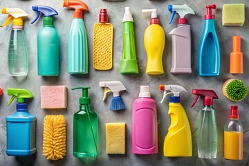 Household Cleaning Products: Shampoo, Body Wash, Bathroom & Window Cleaners on Gray Background