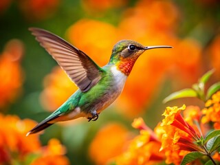 Hummingbird in Flight Near Vibrant Orange Flowers - Rule of Thirds Composition