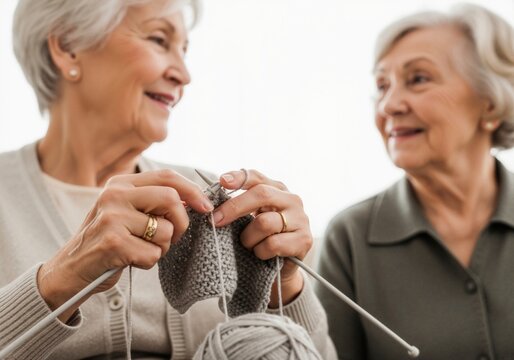 Two elderly women enjoying their knitting session together. They exude warmth and tranquility, creating a comforting atmosphere.