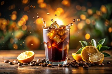 Iced Cold Brew Coffee with Orange Juice & Bokeh Background