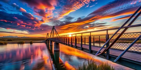 Icelandic Steel & Wood Pedestrian Bridge Silhouette at Skjalfandafljot River Sunset