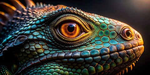 Fototapeta premium Iguana Eye Silhouette - Reptile Eye Close-up, Backlit Profile
