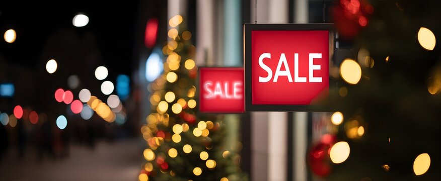 Storefront flashing big sale signs and holiday deal posters for festive shopping time
