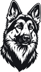 German Shepherd Dog Head Vector Portrait. Black and White Monochromatic Illustration for Logo, Decal, or T-shirt Print