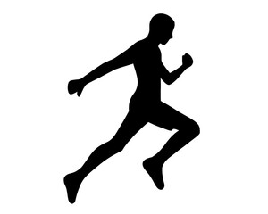 silhouette of young man running fast, jumping man symbol isolated on white background	