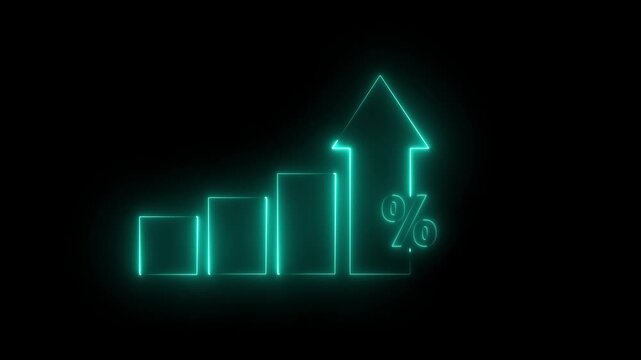 glowing neon Profit high growth percent icon, stocks, financial, Interest rate and dividend concept. Businessman showing neon line animation of graph and chart with percentage icon