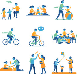 Fototapeta premium A Flat Vector Icon Set of Family Activities, Parenting, and Playing with Children