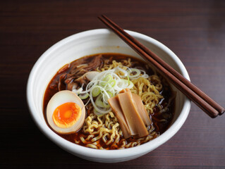 Ramen bowl with noodles, egg, and chopsticks on table