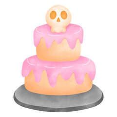 A hand-painted watercolor illustration of a two-tier pastel orange and pink cake topped with a small skull
