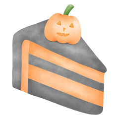 Hand-painted watercolor illustration of a slice of layered orange and black cake topped with a mini pumpkin, a classic seasonal bakery treat.