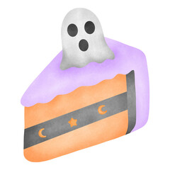Watercolor illustration of a slice of cake with orange and black layers, purple frosting, and star and moon decorations, a seasonal dessert.
