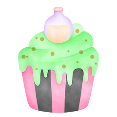 Watercolor illustration of a cupcake with bright green swirl frosting topped with a spooky purple flask, perfect for seasonal bakery projects.
