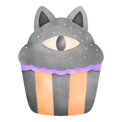 A hand-painted watercolor illustration of a cat-themed cupcake with pastel orange and black stripes and a cyclops eye, spooky seasonal dessert.