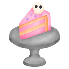 Watercolor illustration of a slice of pastel pink and grey layered cake served on a pedestal, an elegant seasonal sweet treat.