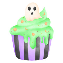 Watercolor illustration of a cupcake with vibrant green swirl frosting and a ghost figure, perfect for festive Halloween bakery designs.