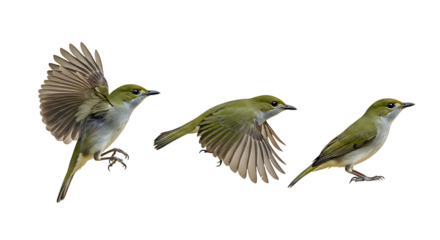 Three small green birds in various stages of flight and perching captured against a clean white background.