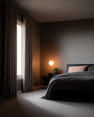 Calm, minimalist bedroom interior with dark, modern design. glowing lamp on nightstand and natural light from window create serene and peaceful home scene