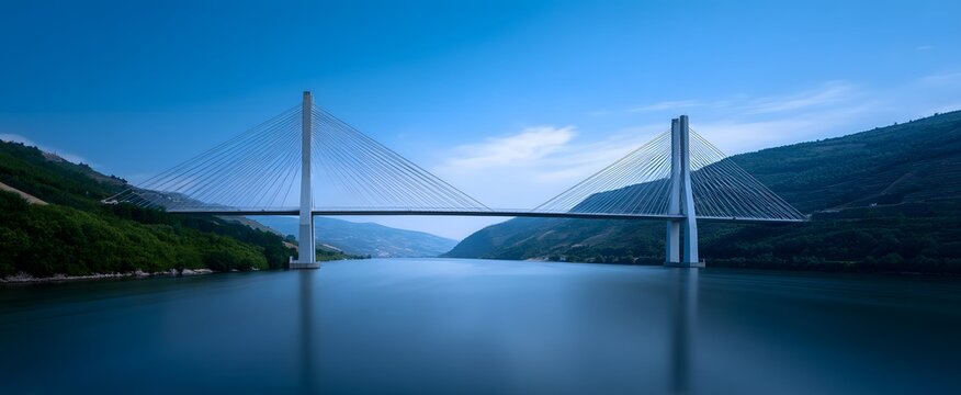 the modern suspension bridge stretching over a broad flowing river waterway