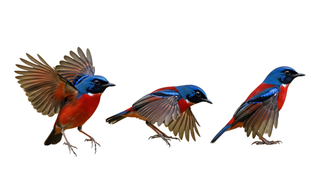 Three vibrant red and blue birds in various flight poses.