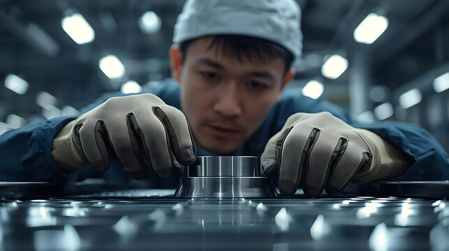 Skilled worker meticulously inspects a metal component with precision tools in a modern manufacturing facility, highlighting industrial expertise and quality control
